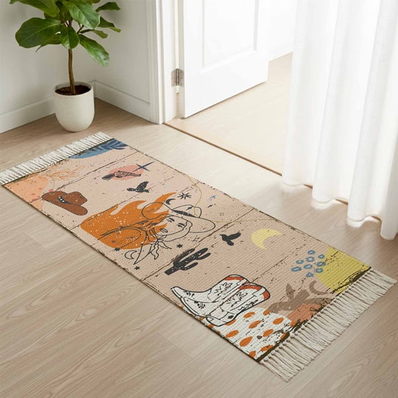 Kitchen Runner Rugs, Boho Retro Sketch Western Cowboy 2'x4' Throw Rug with Tassels, Abstract Style Desert Cactus Washable Soft Floor Carpet Runner for Hallway Bedroom Bathroom Laundry Room