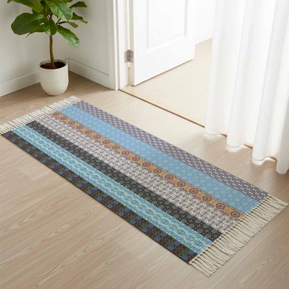 Kitchen Runner Rugs, Boho Stripe Abstract Ethnic Style 2'x4' Throw Rug with Tassels, Polka Dot Patchwork Stripes Washable Soft Floor Carpet Runner for Hallway Bedroom Bathroom Laundry Room