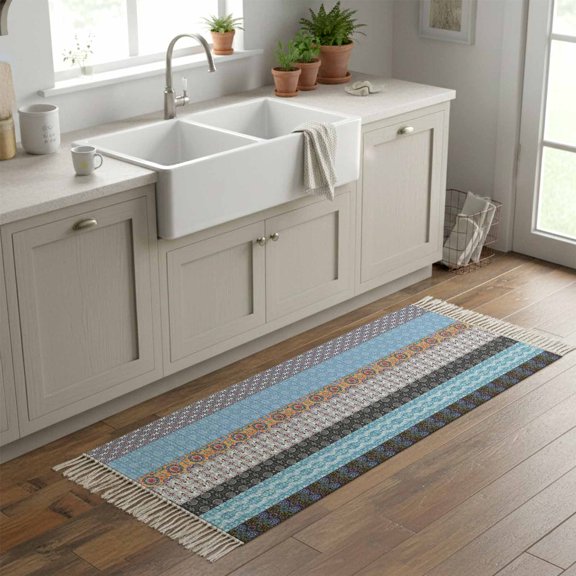 Kitchen Runner Rugs, Boho Stripe Abstract Ethnic Style 2'x6' Throw Rug with Tassels, Polka Dot Patchwork Stripes Washable Soft Floor Carpet Runner for Hallway Bedroom Bathroom Laundry Room