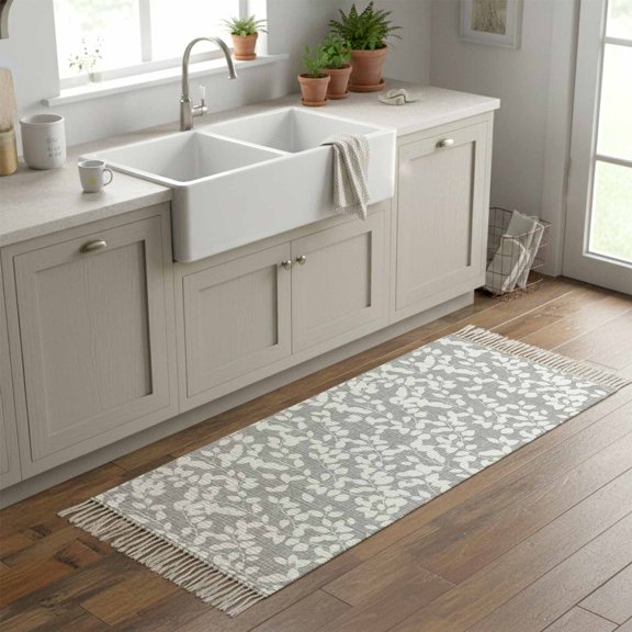 Kitchen Runner Rugs, Botanical Leaves White Texture 2'x6' Throw Rug with Tassels, Seamless Foliage on Gray Linen Washable Soft Floor Carpet Runner for Hallway Bedroom Bathroom Laundry Room