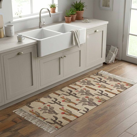 Kitchen Runner Rugs, Brown Cactus Red Flowers Vintage Back 2'x6' Throw Rug with Tassels, Tropical Plants Washable Soft Floor Carpet Runner for Hallway Bedroom Bathroom Laundry Room