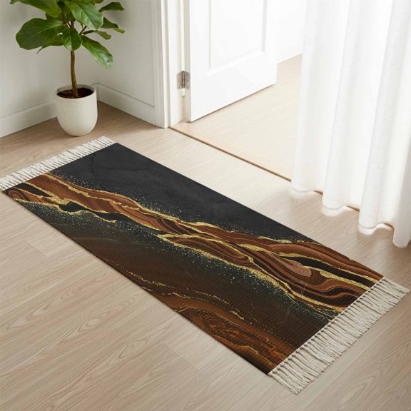 Kitchen Runner Rugs, Brown Gold Marble Texture 2'x4' Throw Rug with Tassels, Abstract Pattern on Black Washable Soft Floor Carpet Runner for Hallway Bedroom Bathroom Laundry Room