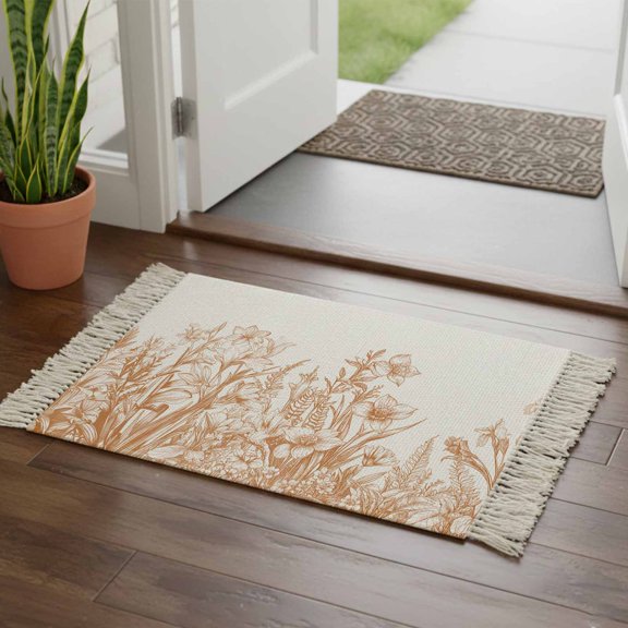 Kitchen Runner Rugs, Brown Iris Flower Lavender on White 2'x3' Throw Rug with Tassels, Country Plants Washable Soft Floor Carpet Runner for Hallway Bedroom Bathroom Laundry Room