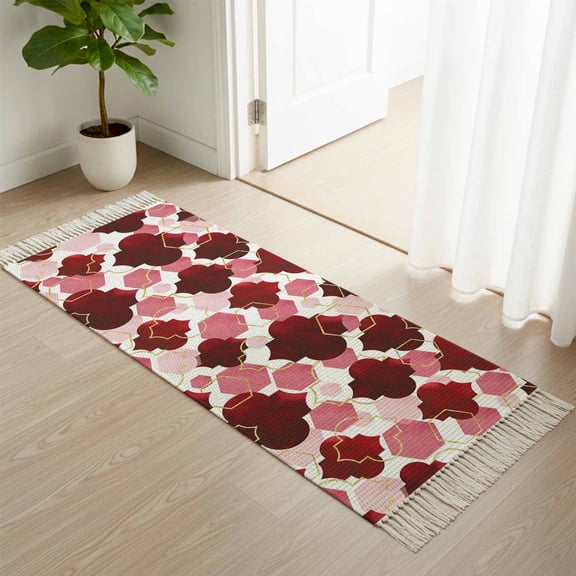 Kitchen Runner Rugs, Burgundy Red Moroccan Texture 2'x4' Throw Rug with Tassels, Retro Geometric Pattern Washable Soft Floor Carpet Runner for Hallway Bedroom Bathroom Laundry Room