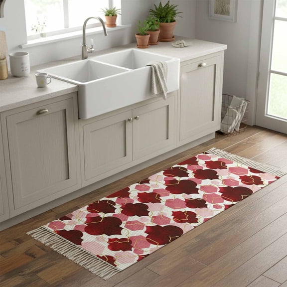 Kitchen Runner Rugs, Burgundy Red Moroccan Texture 2'x6' Throw Rug with Tassels, Retro Geometric Pattern Washable Soft Floor Carpet Runner for Hallway Bedroom Bathroom Laundry Room