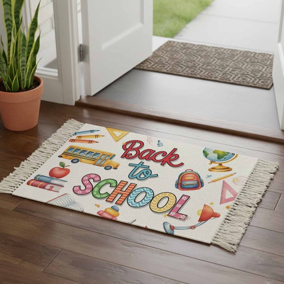 Kitchen Runner Rugs, Bus Bag Globe Crayon Desklamp 2'x3' Throw Rug with Tassels, Back to School Season Washable Soft Floor Carpet Runner for Hallway Bedroom Bathroom Laundry Room