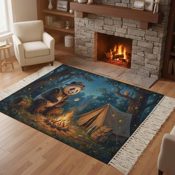 Kitchen Runner Rugs, Camping Bonfire Panda 4'x6' Throw Rug with Tassels, Nighttime Firefly Owl Washable Soft Floor Carpet Runner for Hallway Bedroom Bathroom Laundry Room