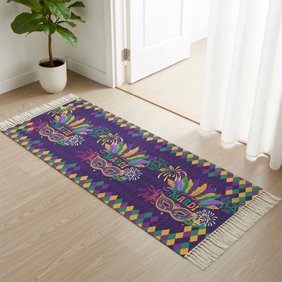 Kitchen Runner Rugs, Carnival Ethnic Tribal Feather 2'x4' Throw Rug with Tassels, Mask on Purple Diamond Grid Washable Soft Floor Carpet Runner for Hallway Bedroom Bathroom Laundry Room