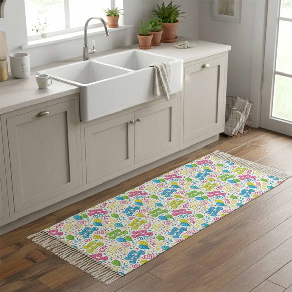 Kitchen Runner Rugs, Cartoon Balloons Polka Dots 2'x6' Throw Rug with Tassels, Happy Birthday Quote Washable Soft Floor Carpet Runner for Hallway Bedroom Bathroom Laundry Room