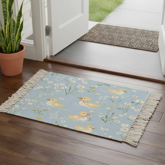 Kitchen Runner Rugs, Cartoon Cute Duck Flower 2'x3' Throw Rug with Tassels, Farm Animals on Blue Lake Washable Soft Floor Carpet Runner for Hallway Bedroom Bathroom Laundry Room