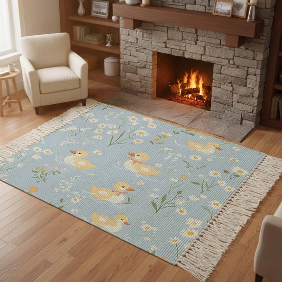 Kitchen Runner Rugs, Cartoon Cute Duck Flower 4'x6' Throw Rug with Tassels, Farm Animals on Blue Lake Washable Soft Floor Carpet Runner for Hallway Bedroom Bathroom Laundry Room