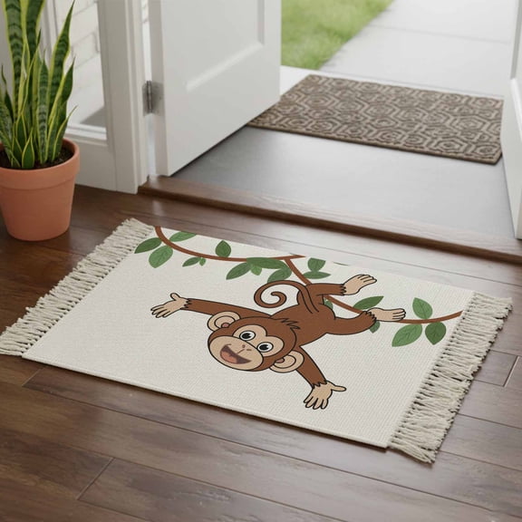 Kitchen Runner Rugs, Cartoon Funny Monkey Green Leaves on White 2'x3' Throw Rug with Tassels, Country Vine Washable Soft Floor Carpet Runner for Hallway Bedroom Bathroom Laundry Room