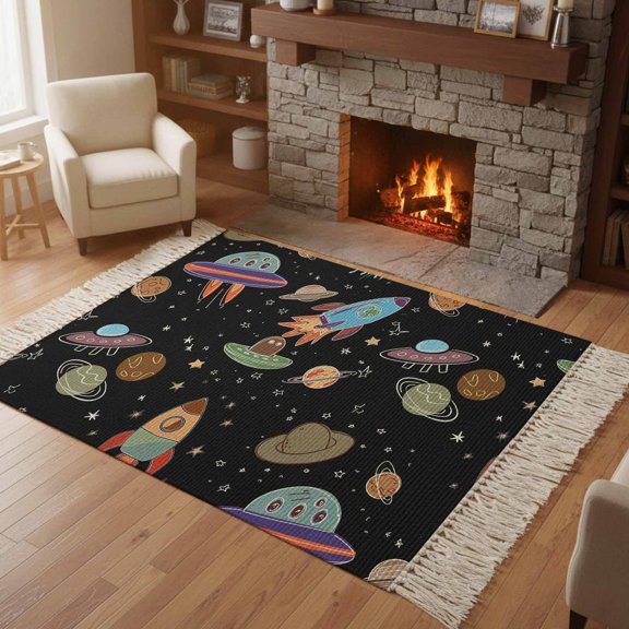 Kitchen Runner Rugs, Cartoon Rocket Space Planet 4'x6' Throw Rug with Tassels, Cute Spaceship on Black Washable Soft Floor Carpet Runner for Hallway Bedroom Bathroom Laundry Room