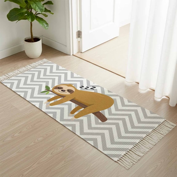 Kitchen Runner Rugs, Cartoon Sloth Tree Branch 2'x4' Throw Rug with Tassels, Gray Chevron Stripe Animal Washable Soft Floor Carpet Runner for Hallway Bedroom Bathroom Laundry Room