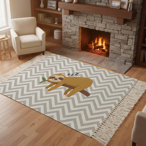 Kitchen Runner Rugs, Cartoon Sloth Tree Branch 4'x6' Throw Rug with Tassels, Gray Chevron Stripe Animal Washable Soft Floor Carpet Runner for Hallway Bedroom Bathroom Laundry Room