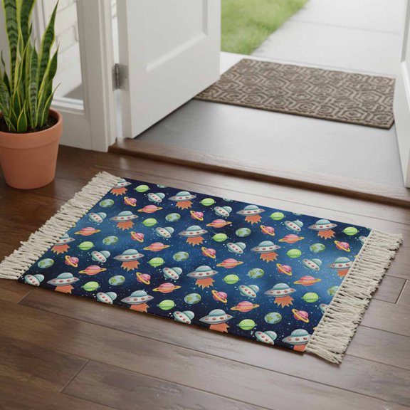Kitchen Runner Rugs, Cartoon Spaceship Dream Planet 2'x3' Throw Rug with Tassels, Outer Space Stars Moon Washable Soft Floor Carpet Runner for Hallway Bedroom Bathroom Laundry Room