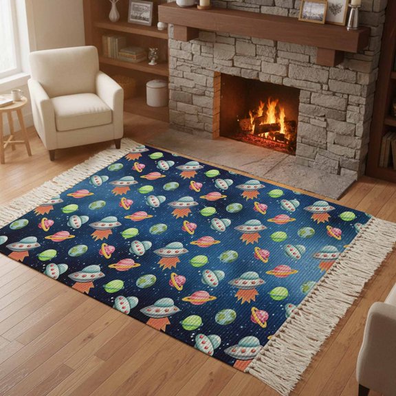 Kitchen Runner Rugs, Cartoon Spaceship Dream Planet 4'x6' Throw Rug with Tassels, Outer Space Stars Moon Washable Soft Floor Carpet Runner for Hallway Bedroom Bathroom Laundry Room