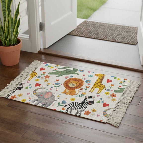 Kitchen Runner Rugs, Children's Day Lion Elephant 2'x3' Throw Rug with Tassels, Giraffe Zebra Crocodile Washable Soft Floor Carpet Runner for Hallway Bedroom Bathroom Laundry Room