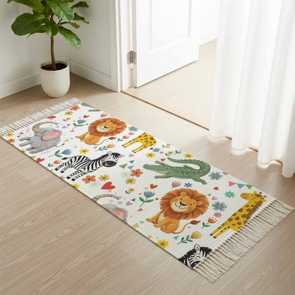 Kitchen Runner Rugs, Children's Day Lion Elephant 2'x4' Throw Rug with Tassels, Giraffe Zebra Crocodile Washable Soft Floor Carpet Runner for Hallway Bedroom Bathroom Laundry Room