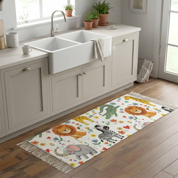 Kitchen Runner Rugs, Children's Day Lion Elephant 2'x6' Throw Rug with Tassels, Giraffe Zebra Crocodile Washable Soft Floor Carpet Runner for Hallway Bedroom Bathroom Laundry Room