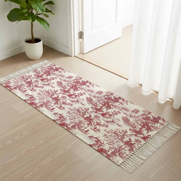 Kitchen Runner Rugs, Chinoiserie Garden Asian Scenic 2'x4' Throw Rug with Tassels, Pavilion Hill Boat Tree Red Washable Soft Floor Carpet Runner for Hallway Bedroom Bathroom Laundry Room