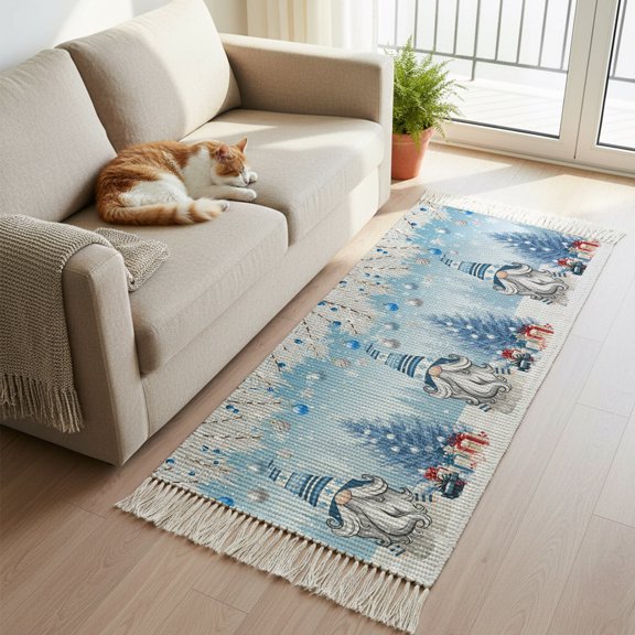 Kitchen Runner Rugs, Christmas Tree Gnome Xmas Bell Blue 2'x5' Throw Rug with Tassels, Winter Snow Fir Washable Soft Floor Carpet Runner for Hallway Bedroom Bathroom Laundry Room