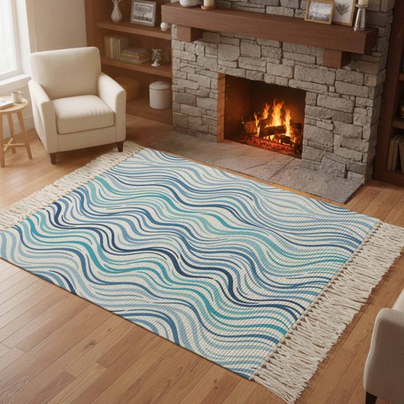Kitchen Runner Rugs, Coastal Blue Gradient Stripe 4'x6' Throw Rug with Tassels, Modern Ocean Wave Line Washable Soft Floor Carpet Runner for Hallway Bedroom Bathroom Laundry Room