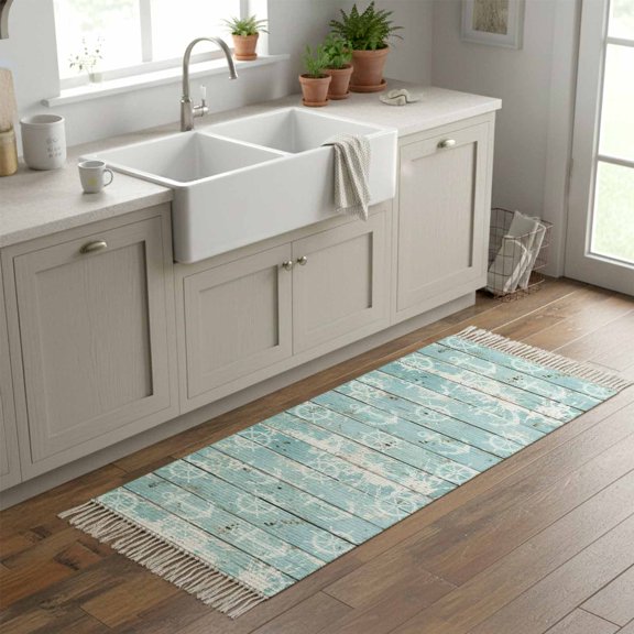 Kitchen Runner Rugs, Coastal Compass Anchor Seamless 2'x6' Throw Rug with Tassels, Nautical Shabby Wood Plank Washable Soft Floor Carpet Runner for Hallway Bedroom Bathroom Laundry Room