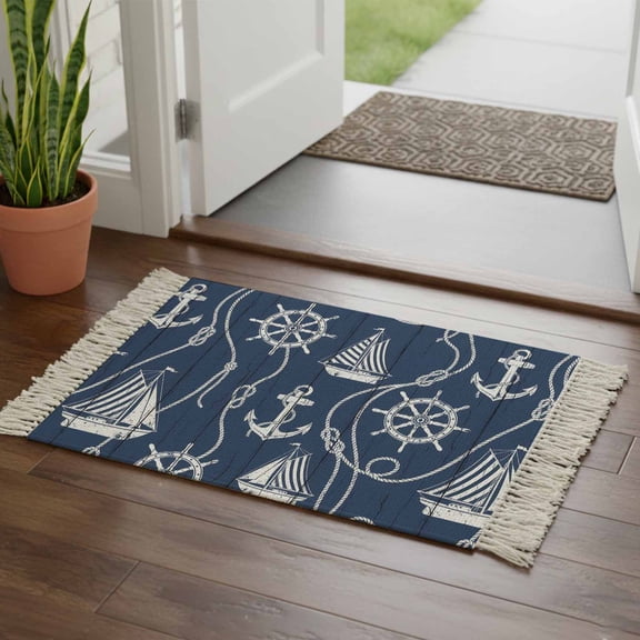 Kitchen Runner Rugs, Coastal Sailboat Compass Anchor 2'x3' Throw Rug with Tassels, Nautical Theme Navy Blue Wood Washable Soft Floor Carpet Runner for Hallway Bedroom Bathroom Laundry Room