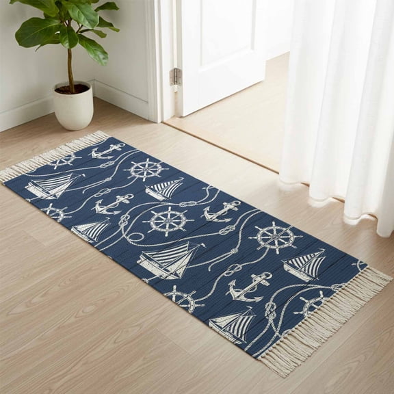 Kitchen Runner Rugs, Coastal Sailboat Compass Anchor 2'x4' Throw Rug with Tassels, Nautical Theme Navy Blue Wood Washable Soft Floor Carpet Runner for Hallway Bedroom Bathroom Laundry Room