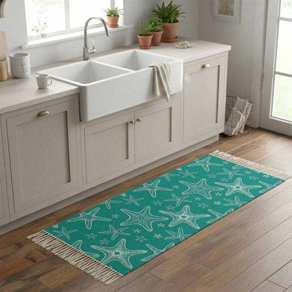 Kitchen Runner Rugs, Coastal Sea Starfish Seamless 2'x6' Throw Rug with Tassels, Ocean Creature on Cyan Washable Soft Floor Carpet Runner for Hallway Bedroom Bathroom Laundry Room
