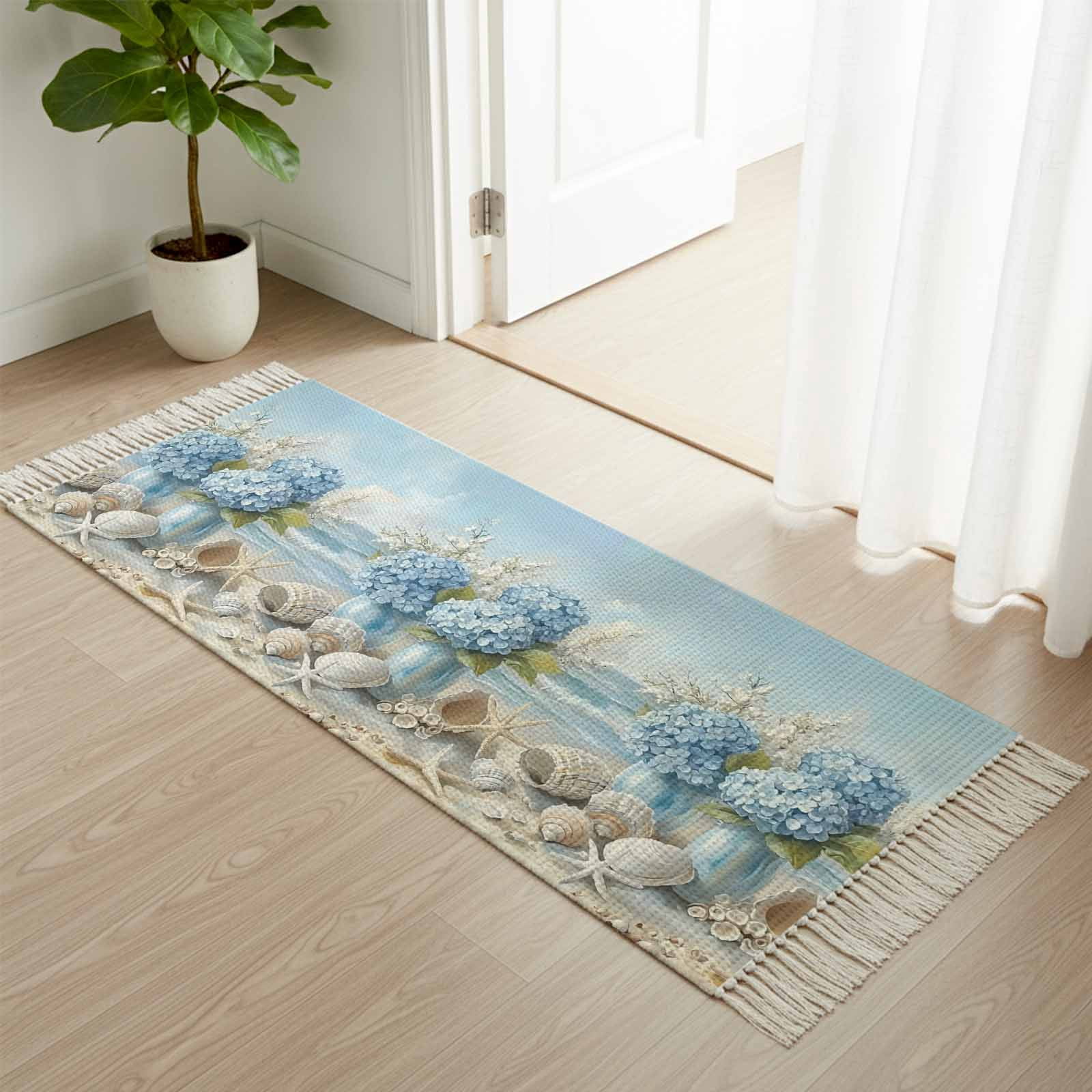 Kitchen Runner Rugs, Coastal Sea Waves Hydrangea Scenery 2'x4' Throw ...