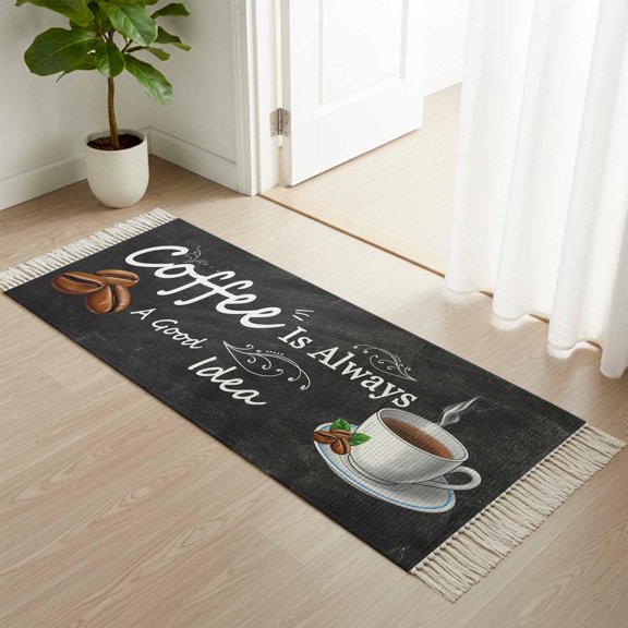 Kitchen Runner Rugs, Coffee Bean Cup Cafe Drink on Black 2'x4' Throw Rug with Tassels, Coffees Good Idea Quote Washable Soft Floor Carpet Runner for Hallway Bedroom Bathroom Laundry Room