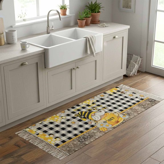 Kitchen Runner Rugs, Coffee Cup Bee Gnome Black Buffalo Plaid 2'x6' Throw Rug with Tassels, Yellow Daisy Flower Washable Soft Floor Carpet Runner for Hallway Bedroom Bathroom Laundry Room