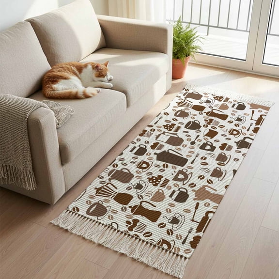 Kitchen Runner Rugs, Coffee Maker Beans Cups Cake 2'x5' Throw Rug with Tassels, Coffee Time Washable Soft Floor Carpet Runner for Hallway Bedroom Bathroom Laundry Room