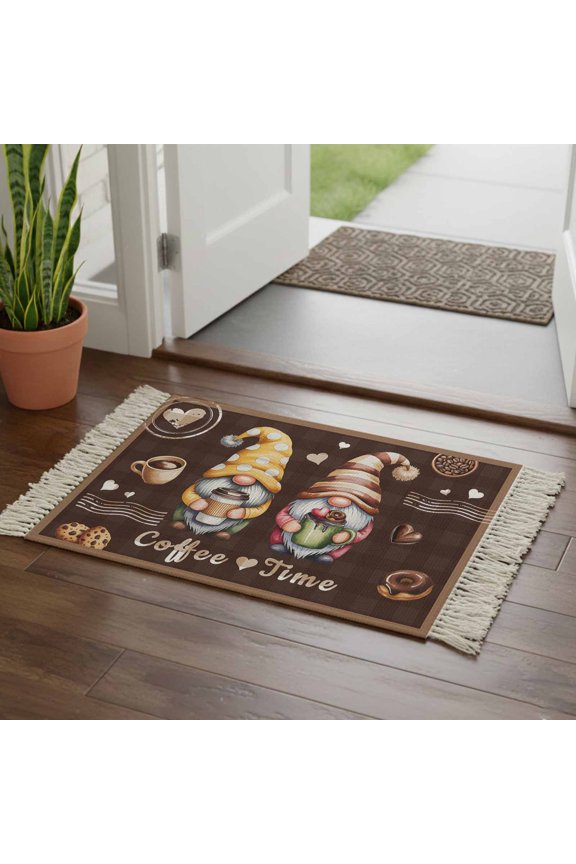 Kitchen Runner Rugs, Coffee Time Gnomes 2'x3' Throw Rug with Tassels, Ququ Cookies Donut Dwarfs Washable Soft Floor Carpet Runner for Hallway Bedroom Bathroom Laundry Room