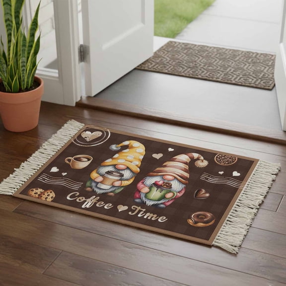 Kitchen Runner Rugs, Coffee Time Gnomes 2'x3' Throw Rug with Tassels, Ququ Cookies Donut Dwarfs Washable Soft Floor Carpet Runner for Hallway Bedroom Bathroom Laundry Room