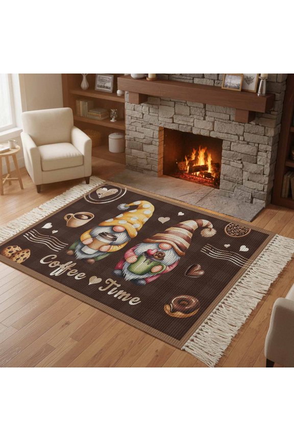 Kitchen Runner Rugs, Coffee Time Gnomes 4'x6' Throw Rug with Tassels, Ququ Cookies Donut Dwarfs Washable Soft Floor Carpet Runner for Hallway Bedroom Bathroom Laundry Room