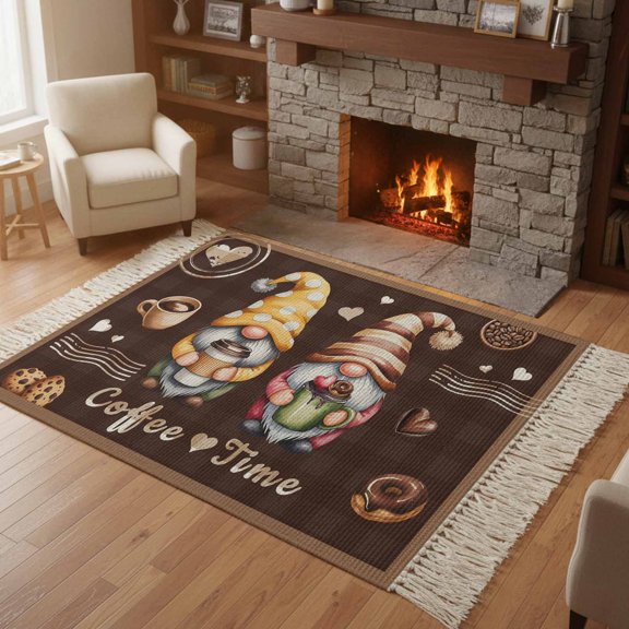 Kitchen Runner Rugs, Coffee Time Gnomes 4'x6' Throw Rug with Tassels, Ququ Cookies Donut Dwarfs Washable Soft Floor Carpet Runner for Hallway Bedroom Bathroom Laundry Room