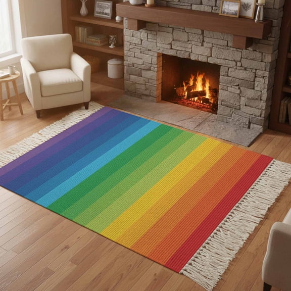 Kitchen Runner Rugs, Colorful Stripes Gradient Art 4'x6' Throw Rug with Tassels, Modern Rainbow Texture Washable Soft Floor Carpet Runner for Hallway Bedroom Bathroom Laundry Room