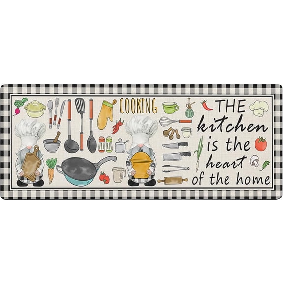 Kitchen Runner Rugs, Cooking Utensils Pots and Pans Gnome Black and White Buffalo Plaid Non-Slip Area Collection Rug High Traffic Areas for Hallway, Kitchen, Bedroom, Living Room Rug Mat 18"x47"