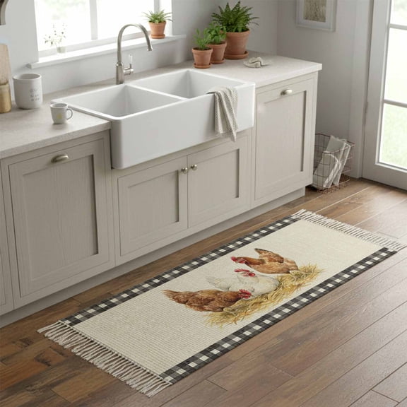 Kitchen Runner Rugs, Country Farmhouse Rooster 2'x6' Throw Rug with Tassels, Retro Linen Buffalo Plaid Washable Soft Floor Carpet Runner for Hallway Bedroom Bathroom Laundry Room