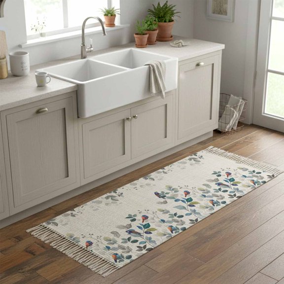 Kitchen Runner Rugs, Country Ombre Botanical Bird 2'x6' Throw Rug with Tassels, Floral Retro Linen Texture Washable Soft Floor Carpet Runner for Hallway Bedroom Bathroom Laundry Room