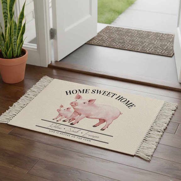 Kitchen Runner Rugs, Country Pink Pig Farmhouse Theme 2'x3' Throw Rug with Tassels, Sweet Home Farm Text Animals Washable Soft Floor Carpet Runner for Hallway Bedroom Bathroom Laundry Room