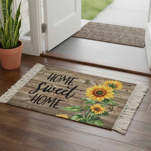 Kitchen Runner Rugs, Country Sunflower Bee Green Leaves 2'x3' Throw Rug with Tassels, Farm Retro Wood Board Washable Soft Floor Carpet Runner for Hallway Bedroom Bathroom Laundry Room