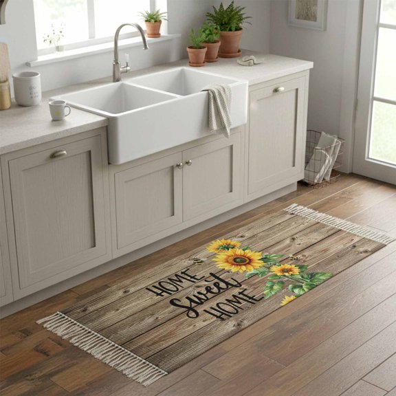 Kitchen Runner Rugs, Country Sunflower Bee Green Leaves 2'x6' Throw Rug with Tassels, Farm Retro Wood Board Washable Soft Floor Carpet Runner for Hallway Bedroom Bathroom Laundry Room