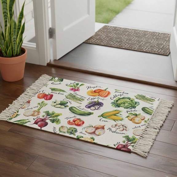 Kitchen Runner Rugs, Country Vegetables 2'x3' Throw Rug with Tassels, Rustic Farmhouse Plant Theme Washable Soft Floor Carpet Runner for Hallway Bedroom Bathroom Laundry Room