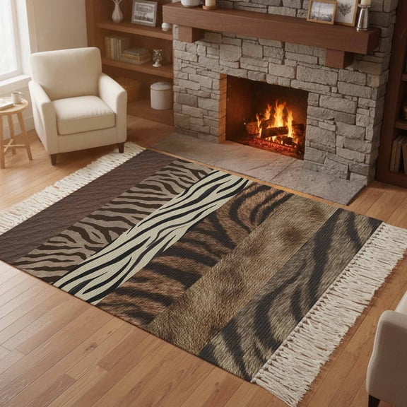 Kitchen Runner Rugs, Country Zebra Texture 4'x6' Throw Rug with Tassels, Farmhouse Brown Animal Printed Washable Soft Floor Carpet Runner for Hallway Bedroom Bathroom Laundry Room