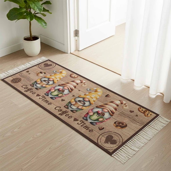 Kitchen Runner Rugs, Countryside Dwarfs on Retro Wood 2'x4' Throw Rug with Tassels, Coffee Time Words Washable Soft Floor Carpet Runner for Hallway Bedroom Bathroom Laundry Room