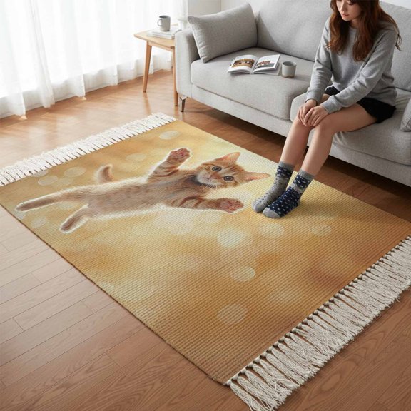 Kitchen Runner Rugs, Cute Orange Cat 3'x5' Throw Rug with Tassels, Lovely Modern Floating Kitten Pet Washable Soft Floor Carpet Runner for Hallway Bedroom Bathroom Laundry Room